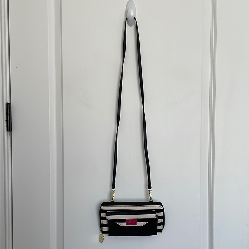 Betsey Johnson Striped Full Zipper Wristlet Crossbody Bag Small Black/Ivory